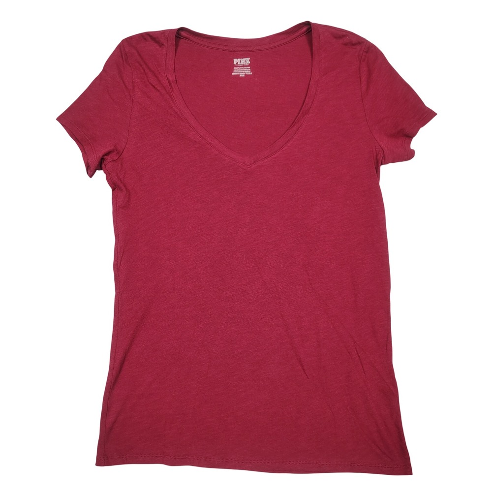 PINK Victoria's Secret T-Shirt Womens XS V-Neck Short Sleeve Maroon Solid Basic